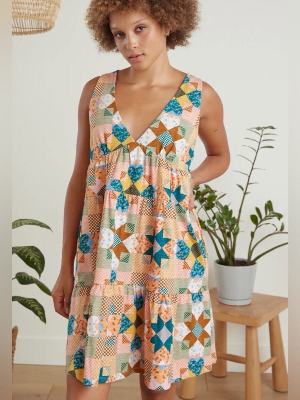 Known Supply - 100% Organic Cotton Patchwork Print V-Neck Dress